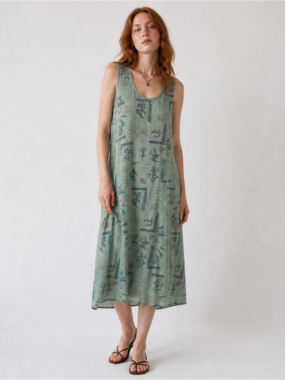 RARE Y2K Citron Santa Monica Sage Green Asian Inspired Rayon Midi Sundress